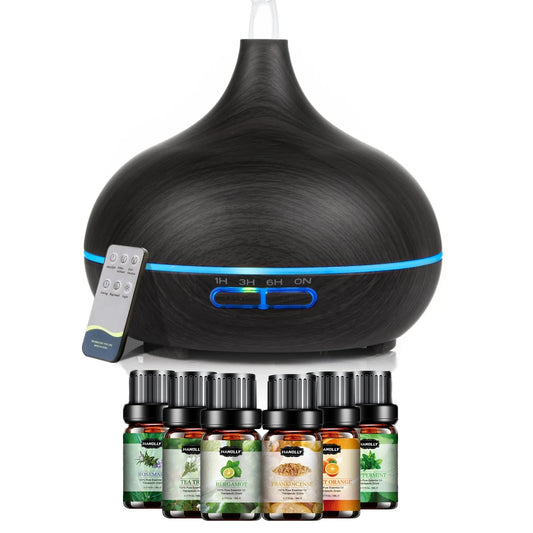 550ML Aromatherapy Diffuser with 6 Essential Oils, Remote, 7-Color LED, Ideal for Spa, Yoga, Father's Day Gift.